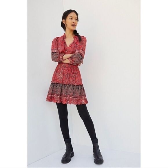 NEW Anthropologie Shoshanna Red Callie Paisley Tiered Ruffle Mini Dress Size 8 - Picture 1 of 3